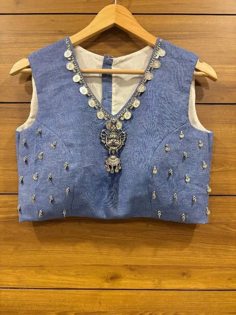 Denim oxdized patch work sleeveless blouse