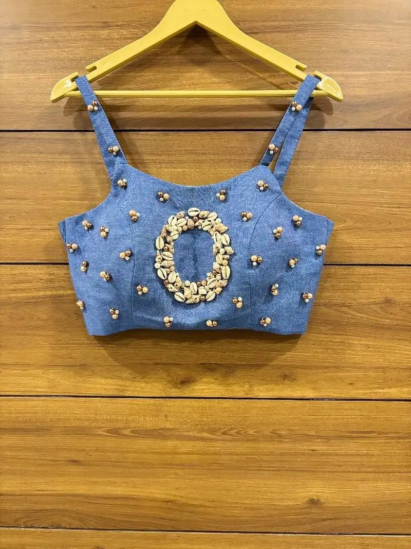 Denim real sea shell work ready made sleeveless blouse