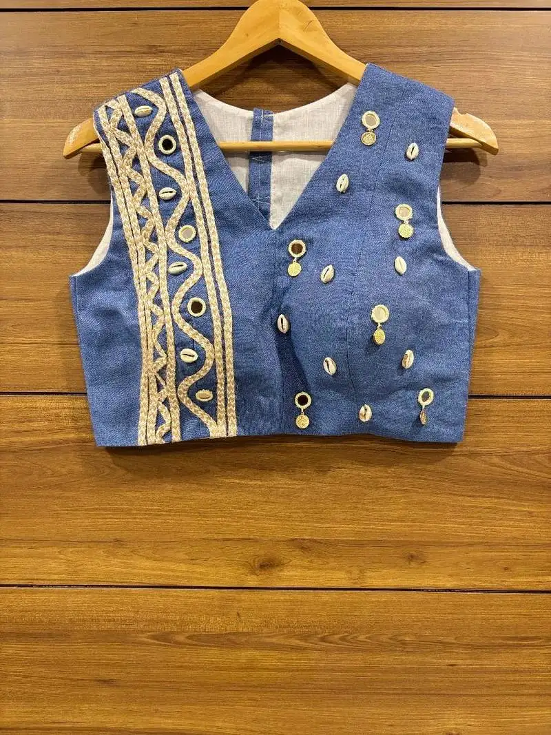 Denim jute lace and kodi handwork sleeveless blouse