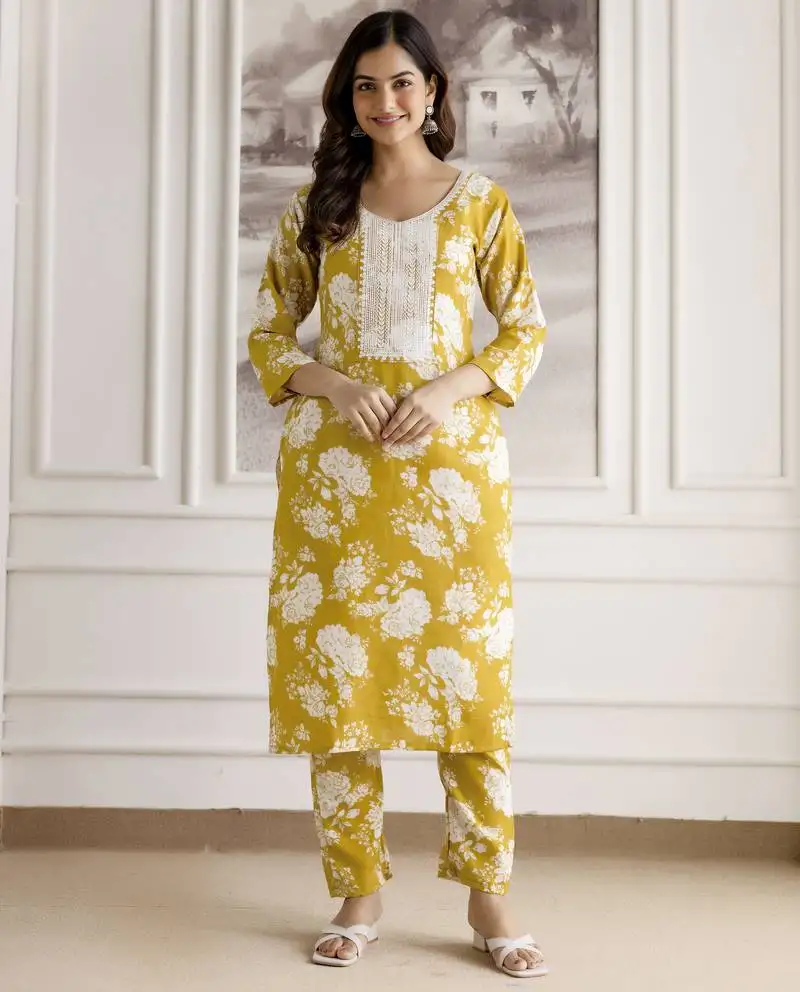 Yellow cotton slub magic printed kurta pant embroidery neck work kurta set