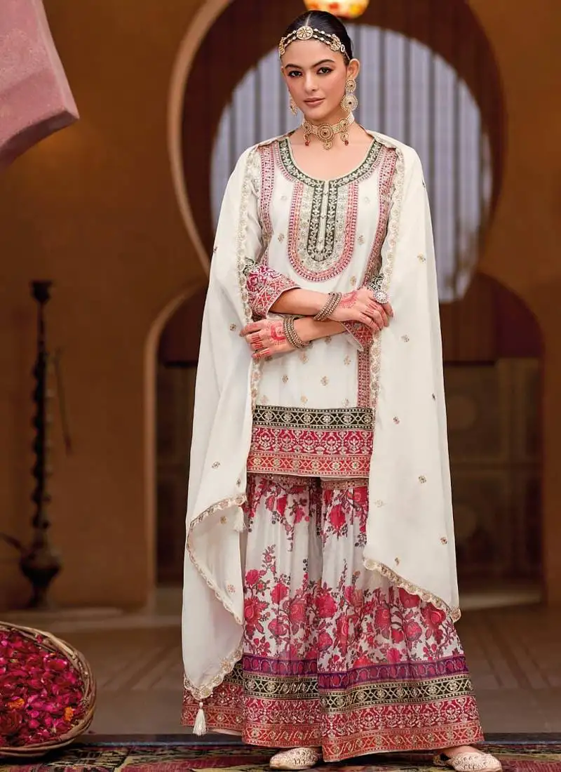 Designer white heavy embroiderd chinon sharara suit for women semi stitched