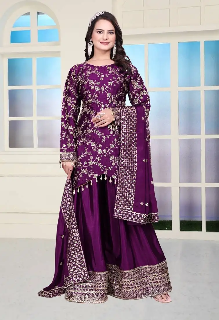 Wine colour chinnon silk heavy emrboidery work fully stitched sharara suit