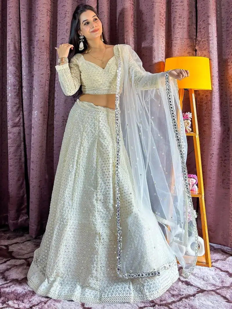 Off white georgette sequins lehenga choli with dupatta