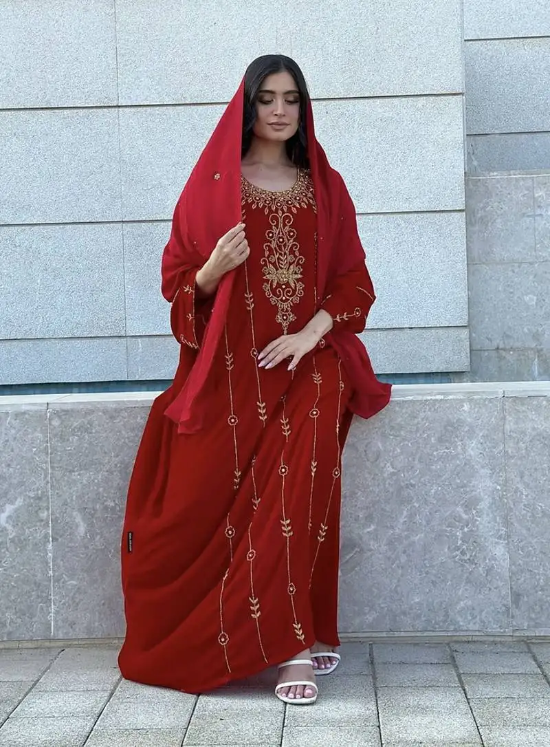 Red velvet handcrafted zari work stitched kaftan