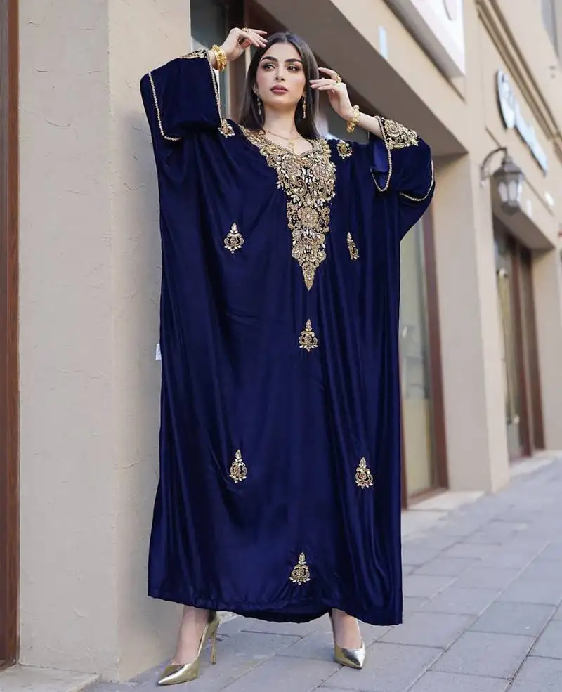 Navy blue velvet handcrafted zari work stitched kaftan