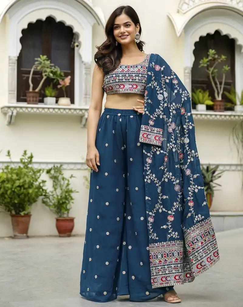 Trendmalls georgette embroidery crop top with flared palazzo and shrug set stitched