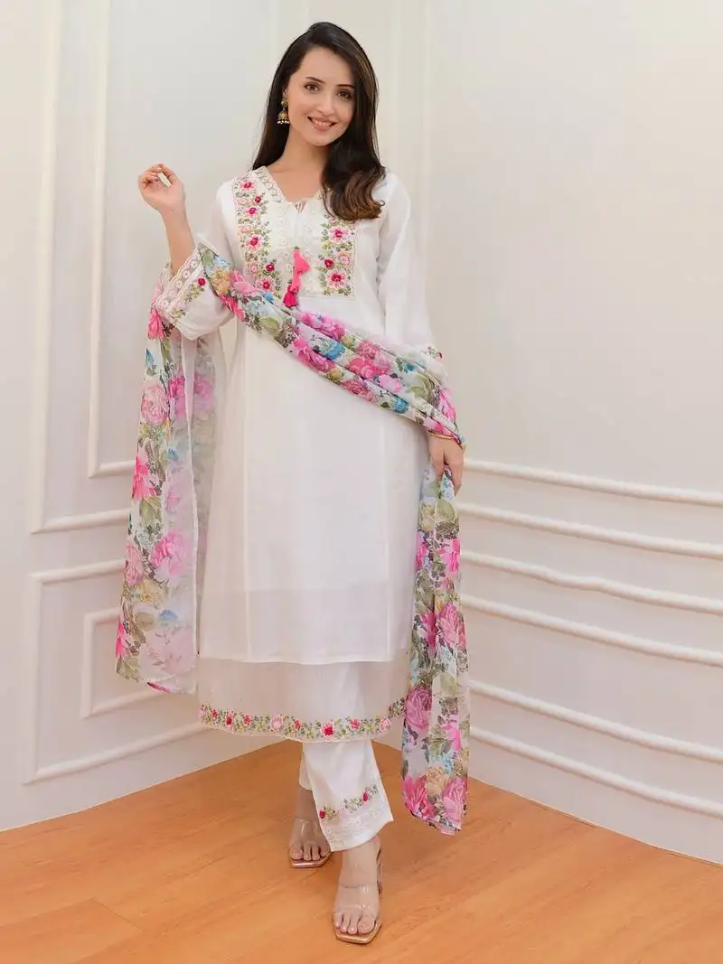 Art silk floral embroidery sequence work kurta pant with dupatta stitched