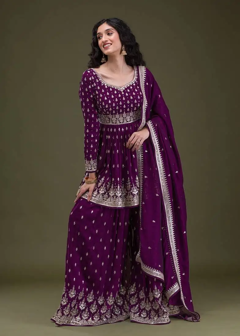 Art silk embroidery pleated kurta sharara with dupatta salwar suit set stitched