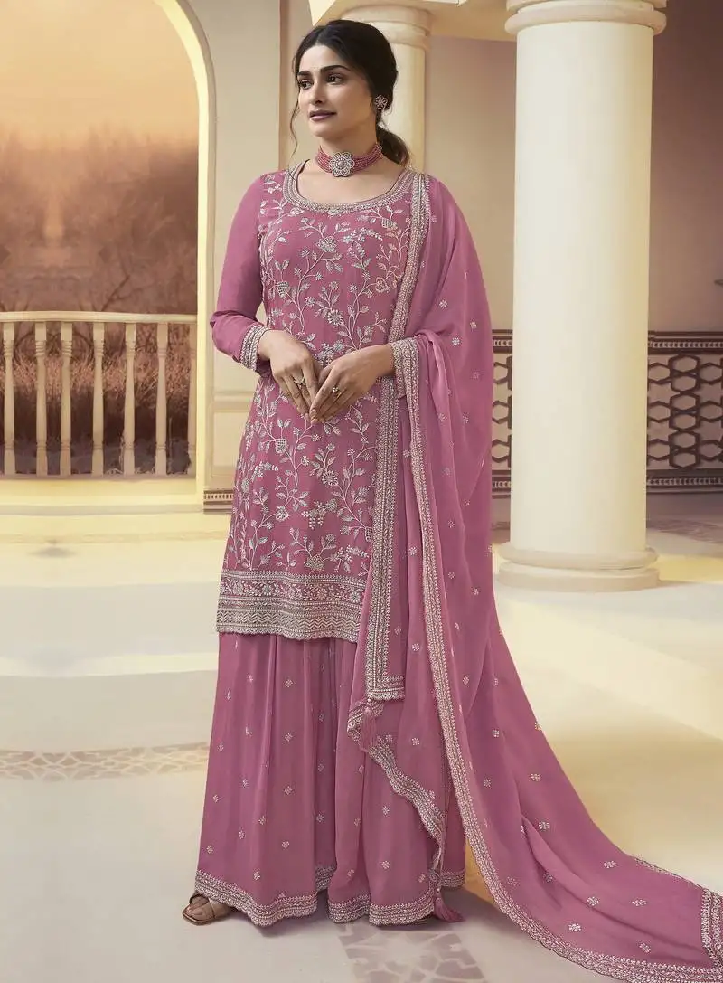 Art silk embroidery traditional new collection kurta palazzo with dupatta set stitched