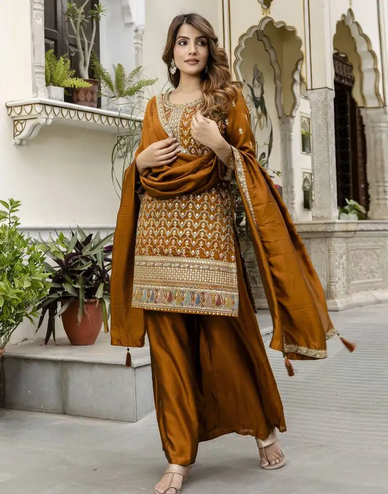 Art silk sequins embroidery kurta palazzo set with dupatta for women stitched