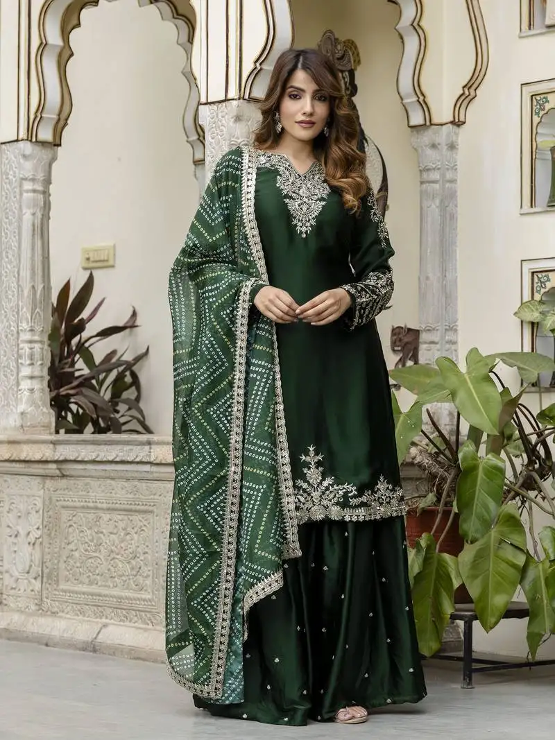 Dark green satin embroidery skirt kurta with dupatta set stitched