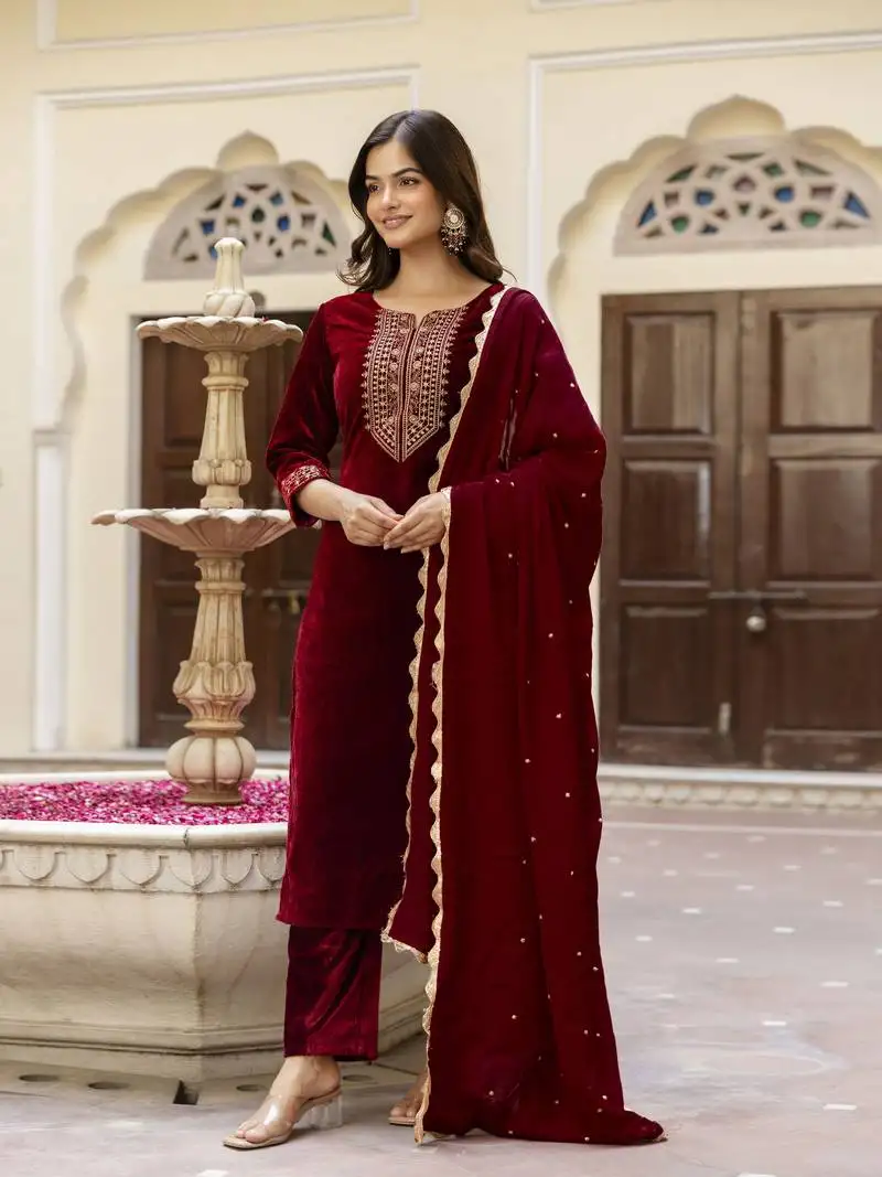 Stunning maroon velvet embroidery salwar suit set kurta pant with dupatta stitched