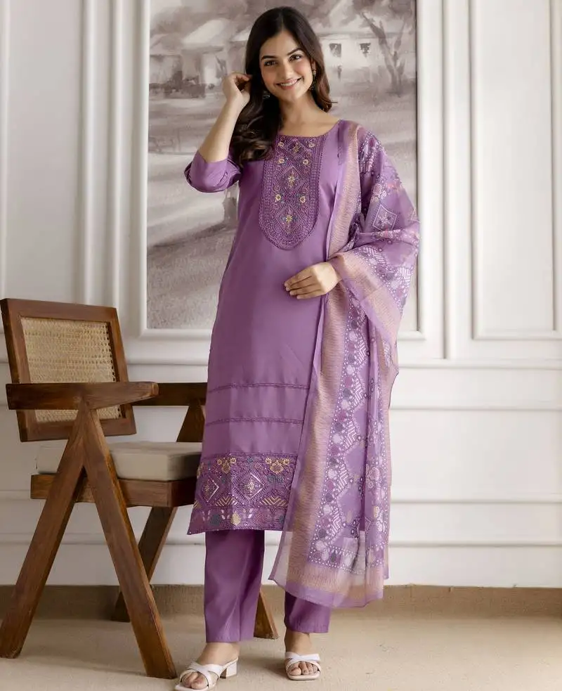 Purple roman chanderi embroidery kurta pant with dupatta set stitched
