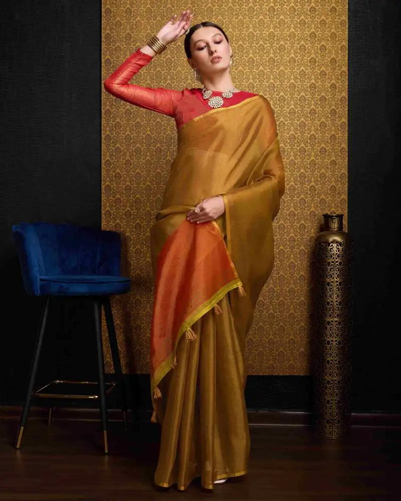 Golden blend linen tissue contrust pallu saree with blouse