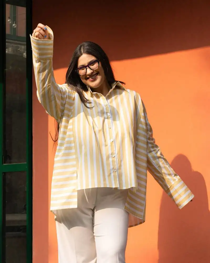 Yellow cotton oversized striped shirt
