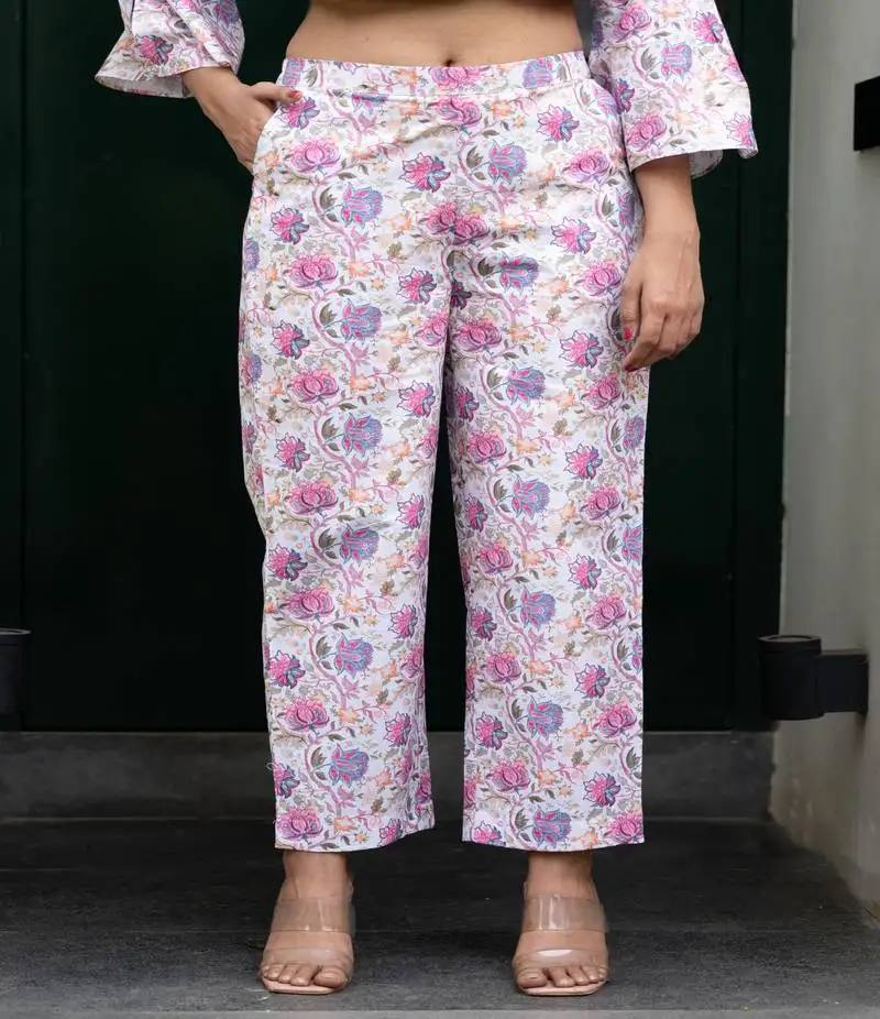 White floral printed cotton pants