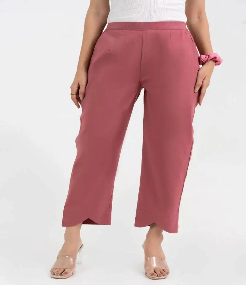 Mauve cotton solid pant with leaf bottom