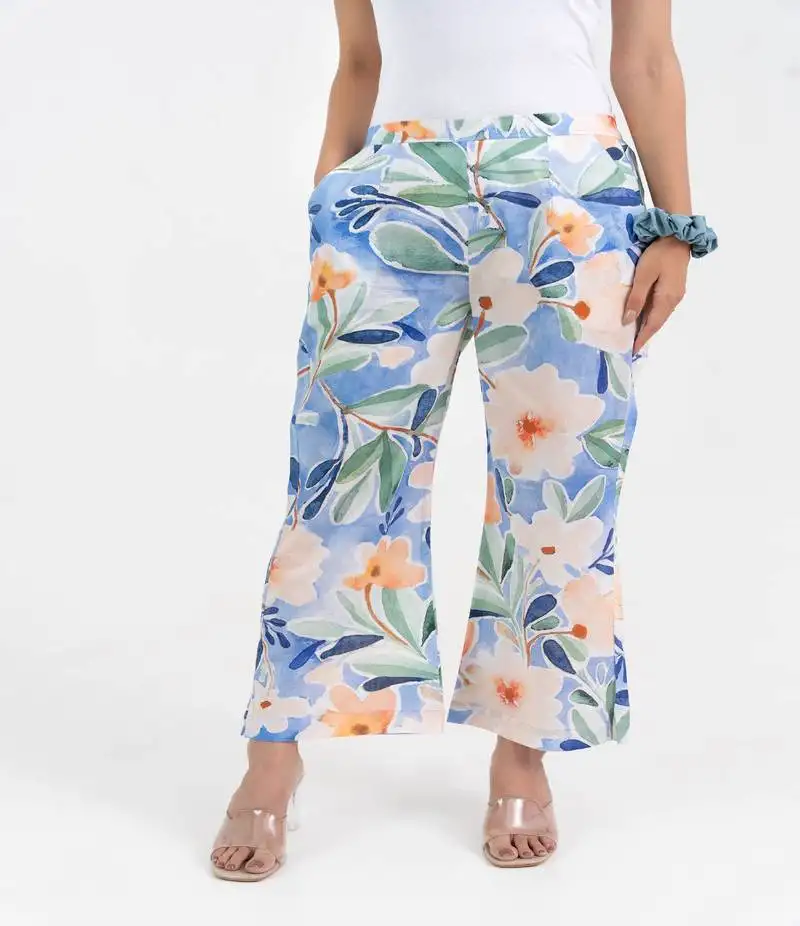 Sky blue printed floral broad fit cotton pant