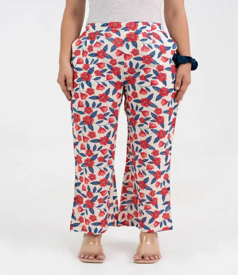 Off white floral printed cotton pant