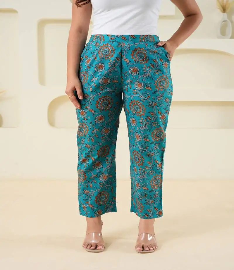 Cyan block printed cotton pant