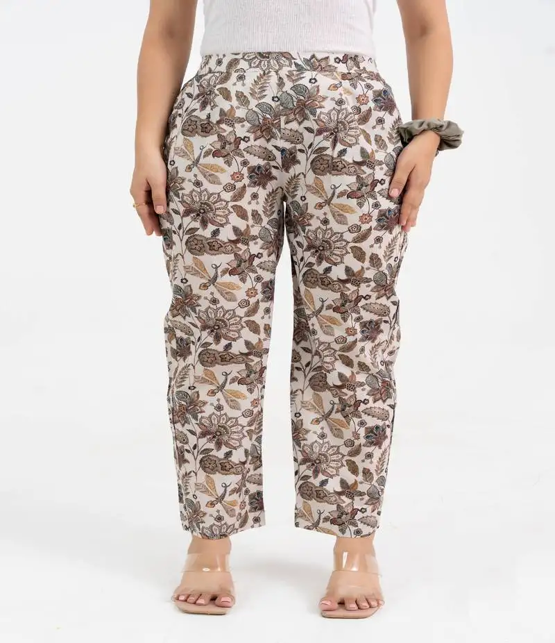 Off white floral jaal printed cotton pant