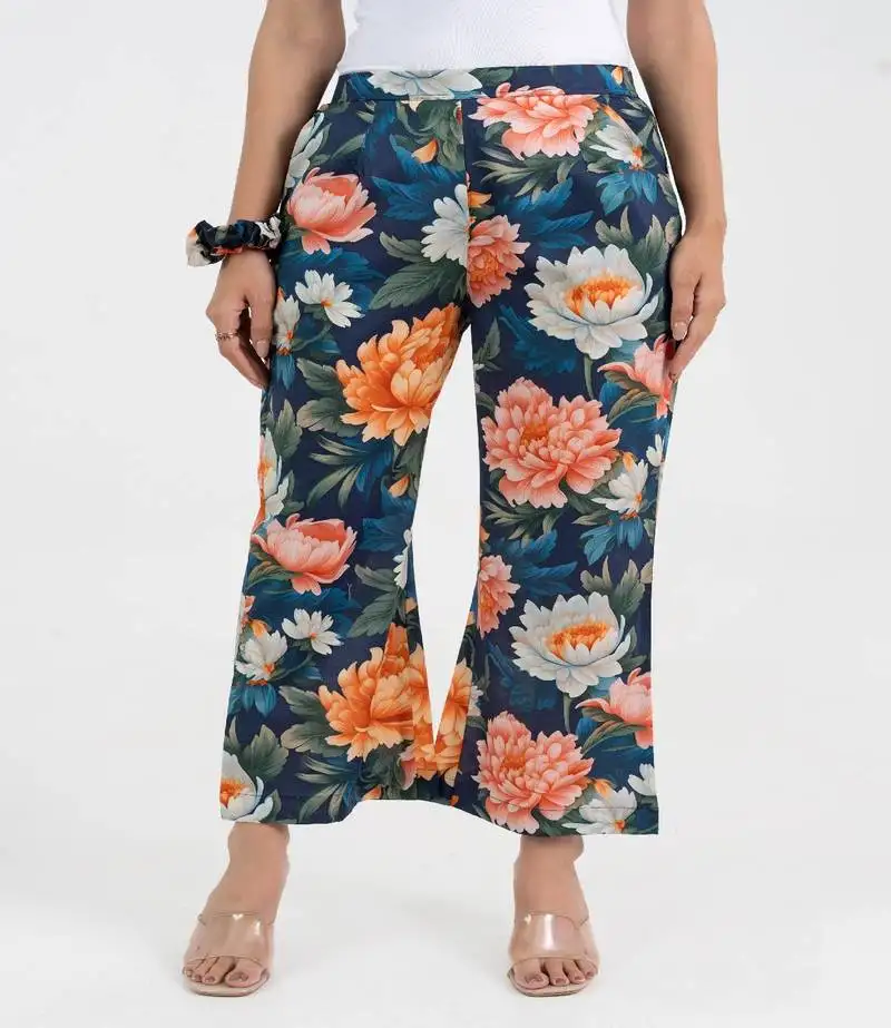 Navy blue bold floral printed cotton pant