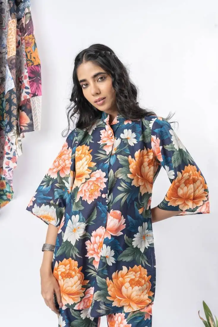 Bold floral half-buttoned cotton printed top