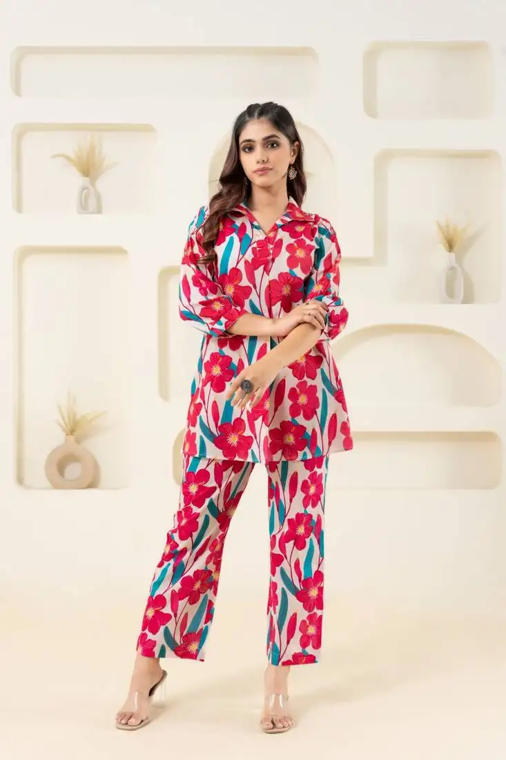 Pink flower printed pure cotton flared top