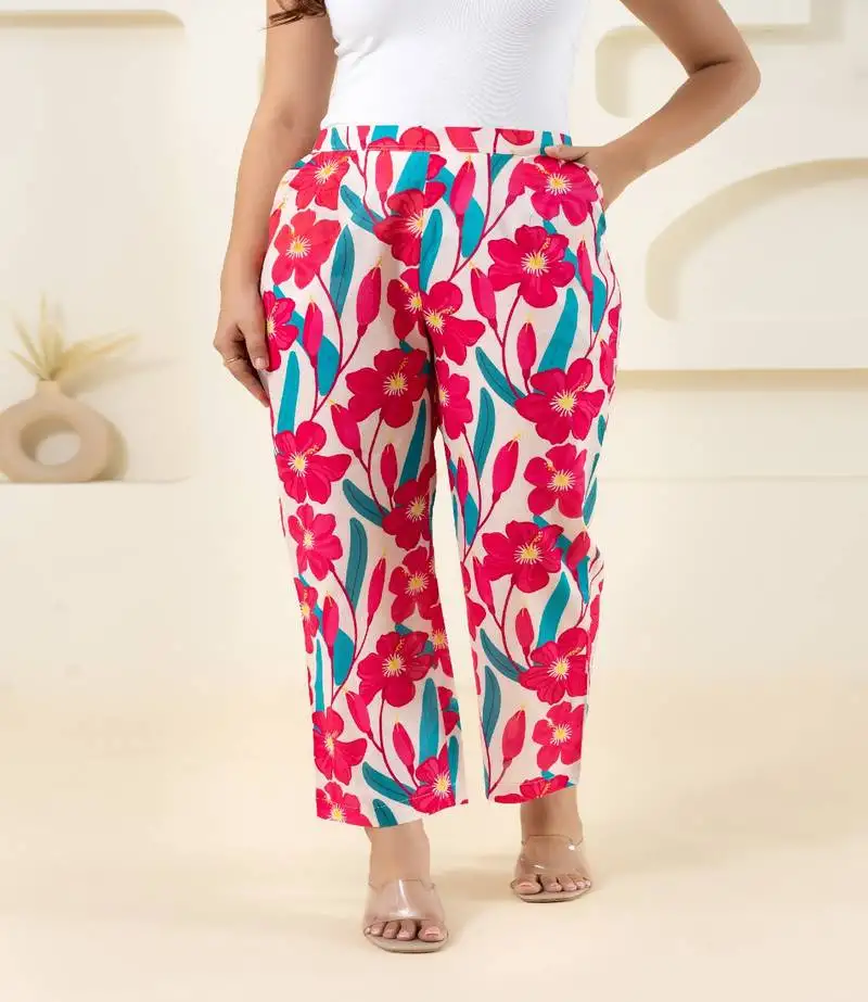 Pink flower printed cotton pant