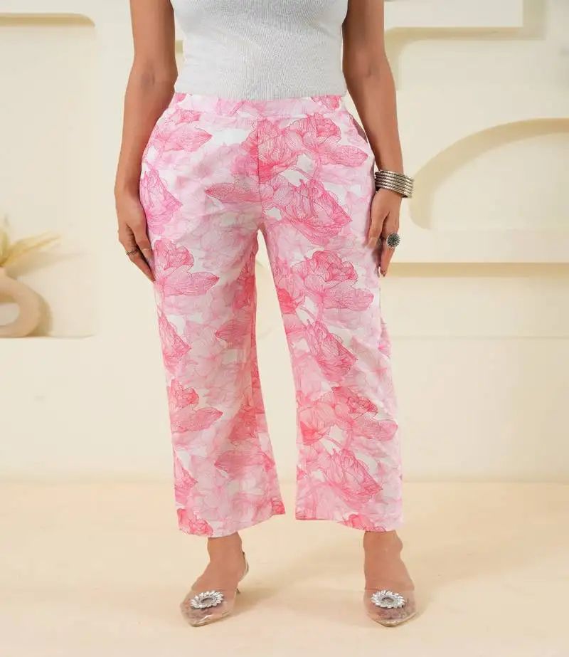 Abstract floral line printed cotton pant