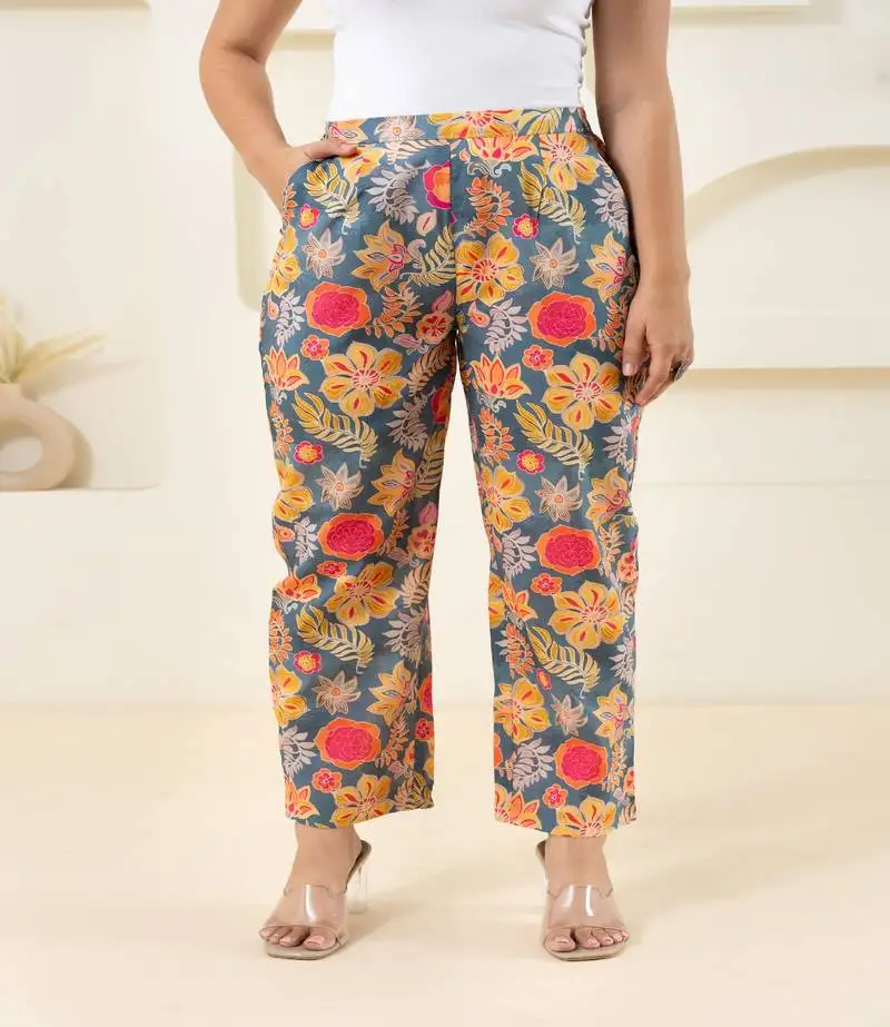 Grey floral printed cotton pant