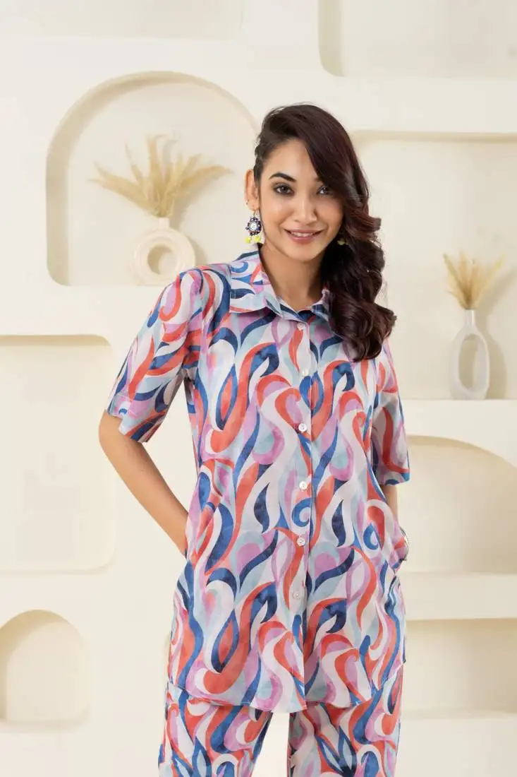 Abstract wave printed pure cotton off white (shirt)