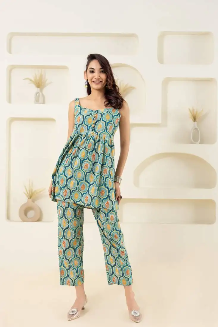 Mint floral grid printed pure cotton sleevelss top