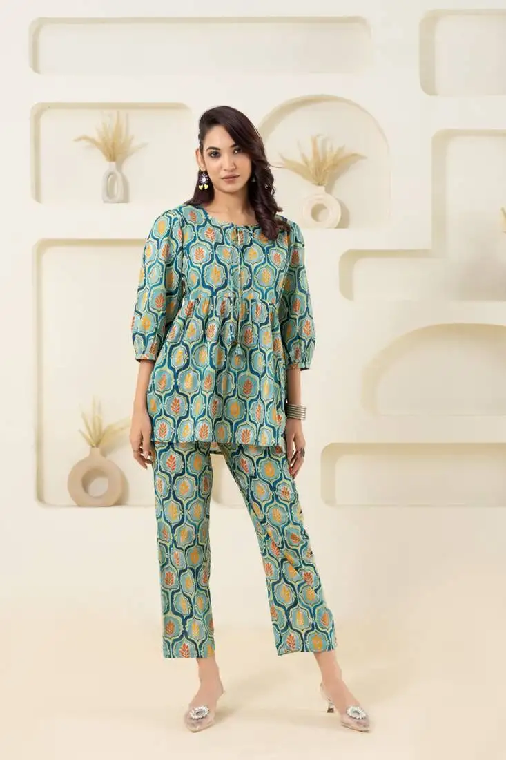 Mint floral grid printed pure cotton top