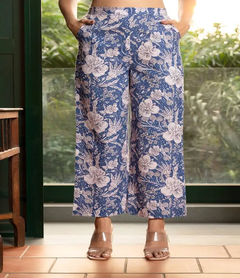 Blue floral printed cotton pant