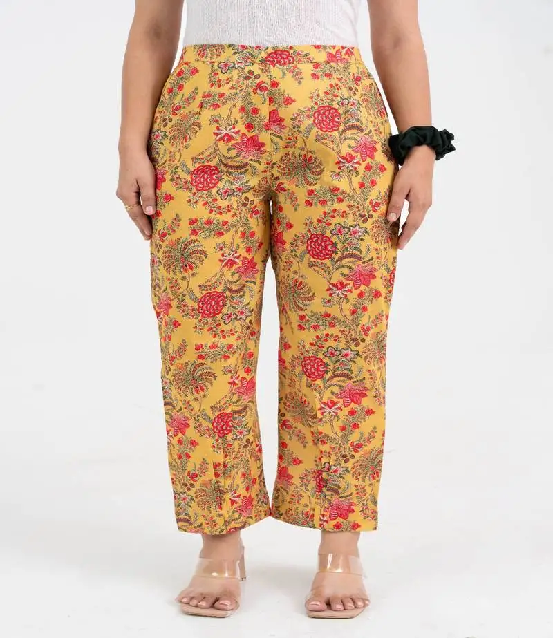 Yellow floral jaal printed cotton pant