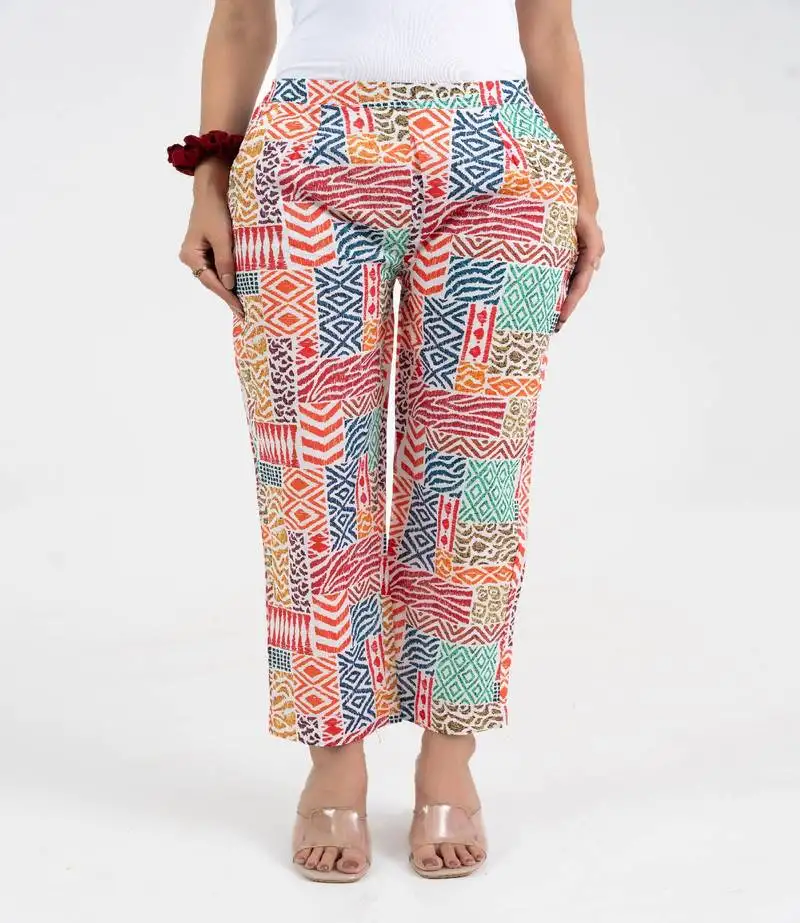 Abstract printed multicolour broad fit cotton pant