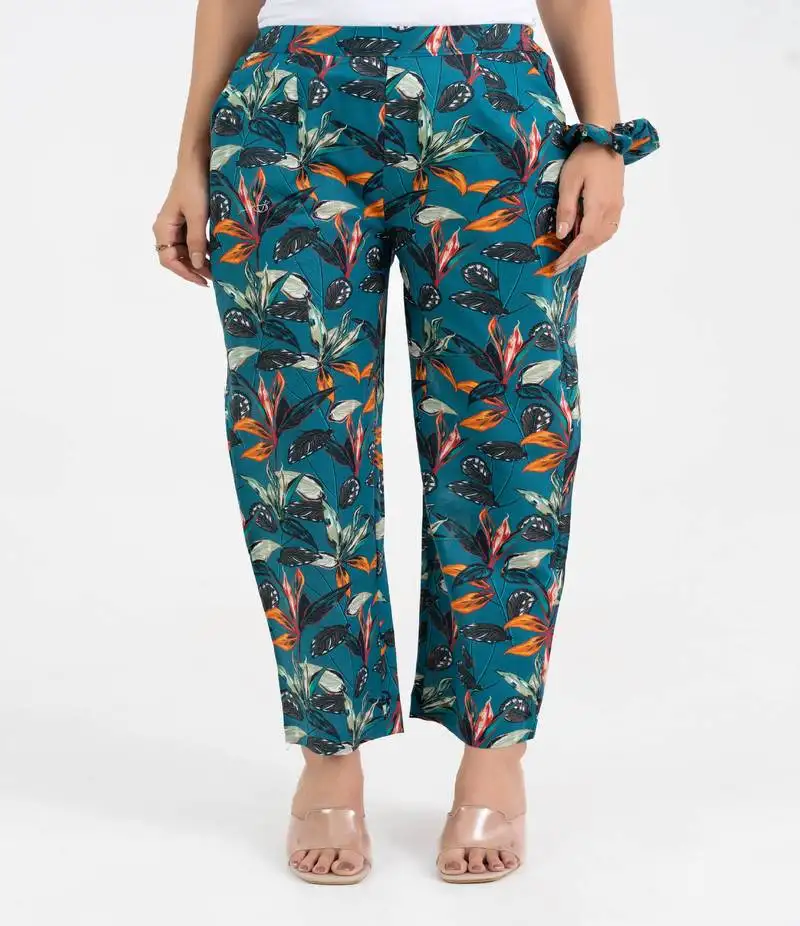Teal floral printed straight fit cotton pant