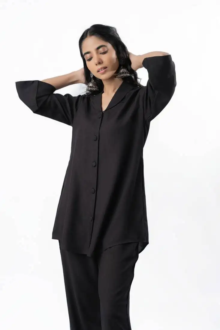 Black shawl collar shirt with curved sleeves