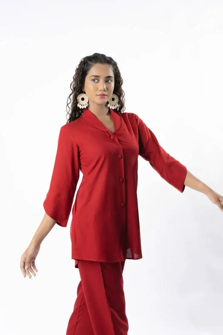 Maroon shawl collar shirt with curved sleeves