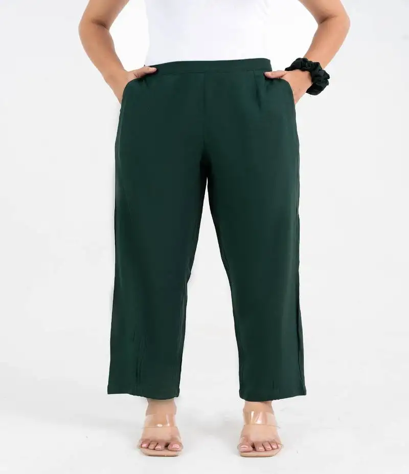 Green solid viscose pant with pleated bottom
