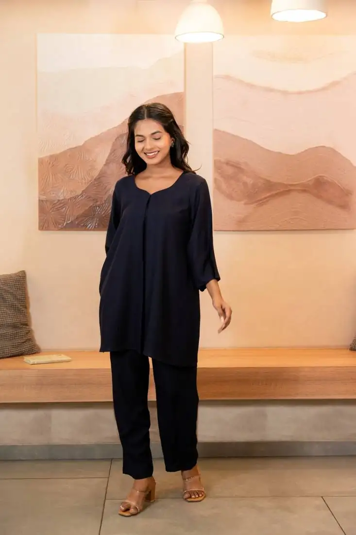 Navy blue sweetheart neck with flared sleeve top