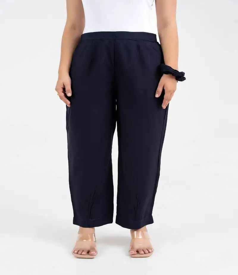 Navy blue solid viscose pant with pleated bottom