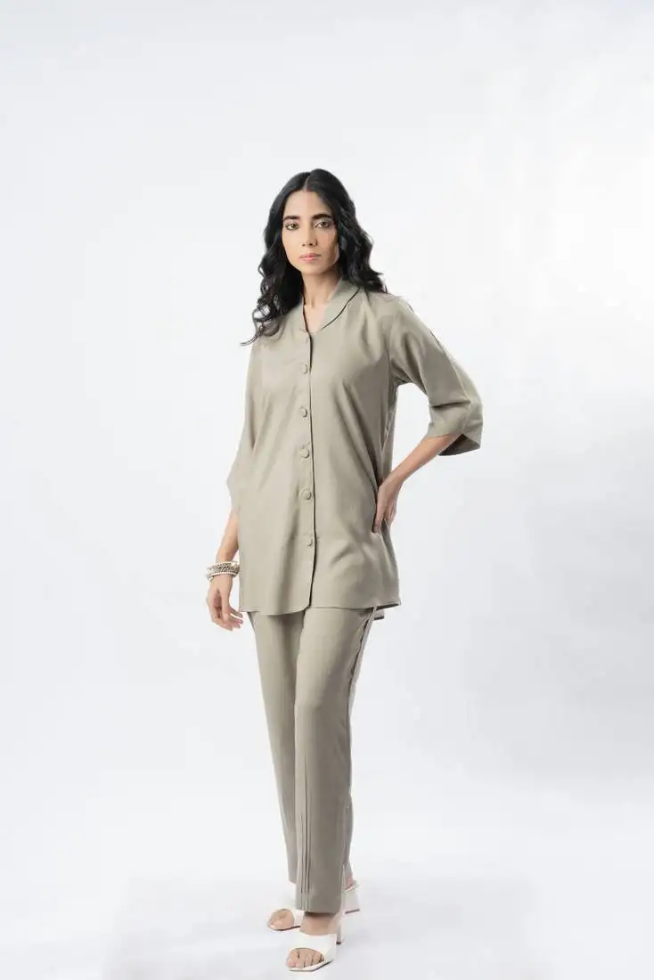 Light mocha shawl collar shirt with curved sleeves