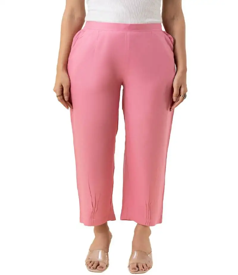 Pink solid viscose pant with pleated bottom