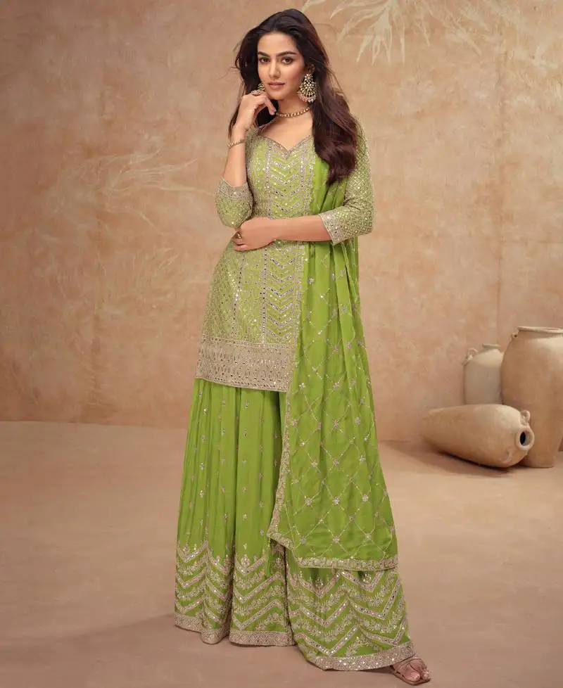 Trending light green straight suit for women ethnic wear semi stitched