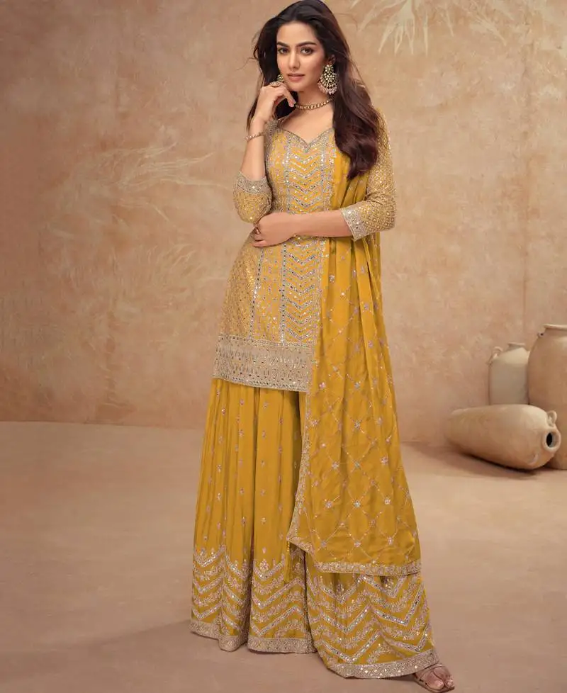 Trending yellow straight suit for women ethnic wear semi stitched