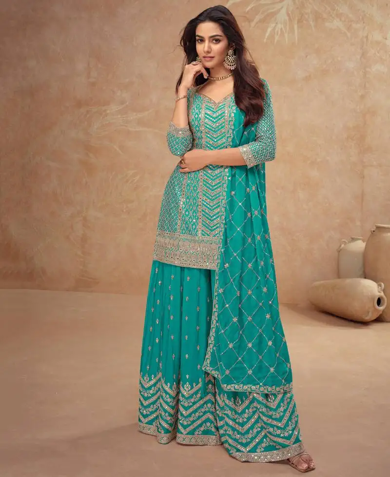 Trending firozi straight suit for women ethnic wear semi stitched