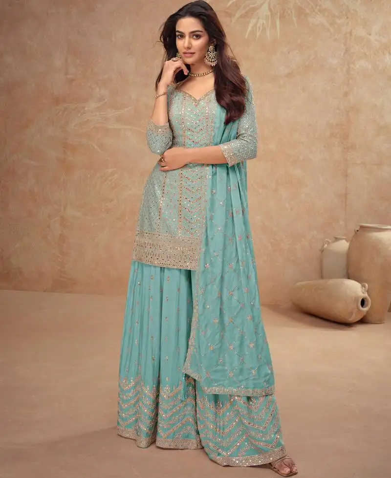 Trending sky blue straight suit for women ethnic wear semi stitched