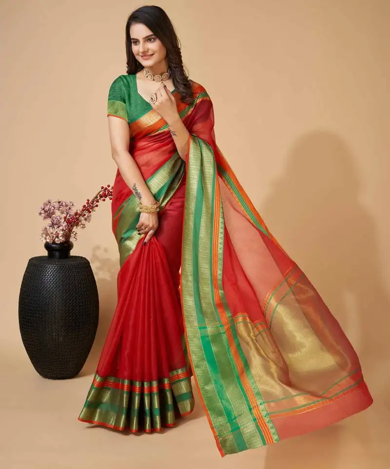 Red soft semi cotton saree with blouse piece